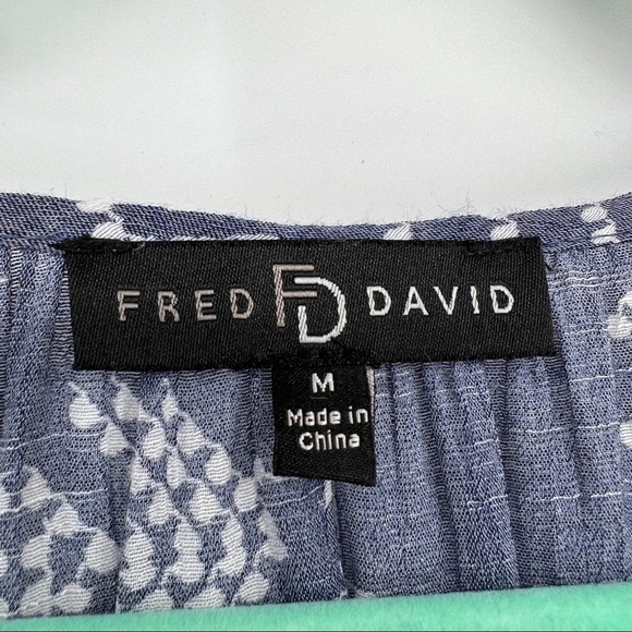 Fred David Geometric Three Quarter Sleeves Scoopneck Drawstring Blue Blouse - Picture 6 of 7